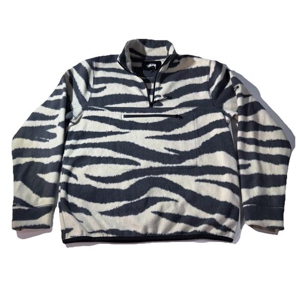 Stüssy Zebra Print Fleece Pullover Jacket Men’s Medium Black White Quarter Zip - Picture 1 of 8